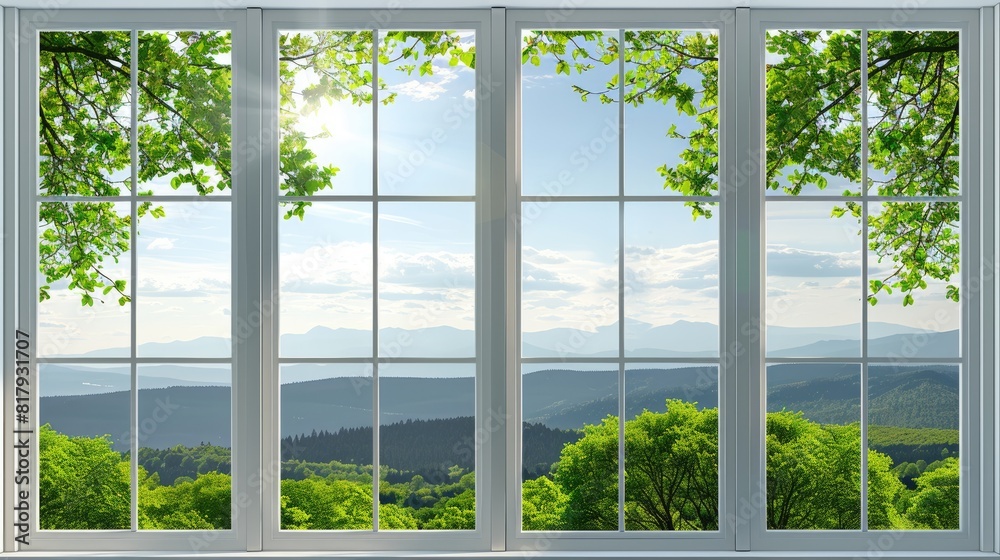 a large window framed in white, revealing lush green trees and a clear blue sky, with a quaint small town in the background. a large window framed in white, revealing lush green trees and a clear blue sky, with a quaint small town in the background.