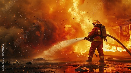 Firefighter Using a Hose: At the site of a fire, a firefighter operates a high-pressure hose, directing a powerful stream of water to extinguish the blaze photo