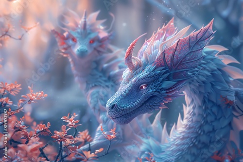 Mythical creatures in pastel image of fantastical beasts rendered in 3D with pastel colors, focus on, mythical allure theme, surreal, Double exposure, enchanted forest © Dadee