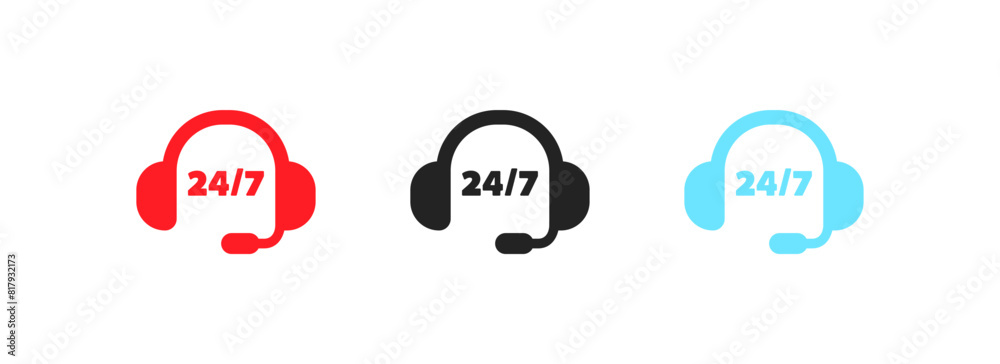 24/7 headphones icon set. Support 24/7 icons. Flat style 24/7 headphones icon set. Support 24/7 icons. Flat style