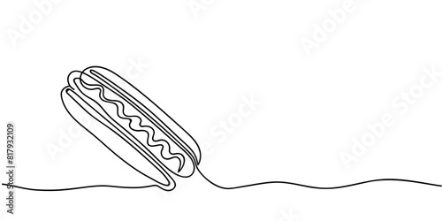 Continuous one line drawing of Hot Dog. Banner for cafe or fast food takeaway in simple linear style. Vector illustration in doodle style.