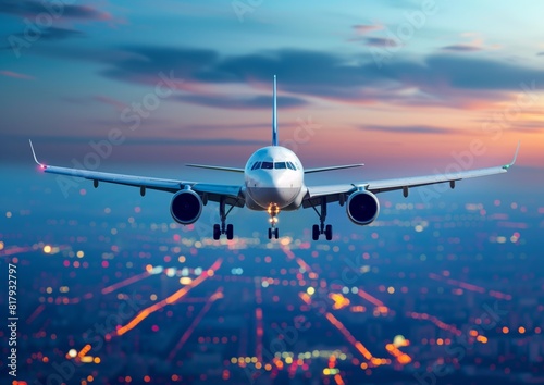 Commercial Airplane Landing at Sunset with City Lights Background