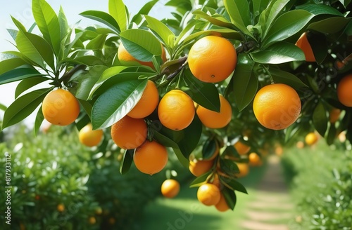 Ripe oranges hanging on a tree in the garden of an orange plantation.