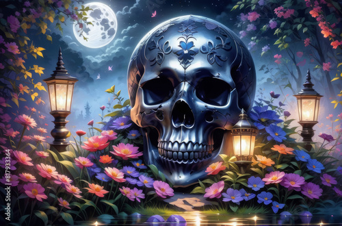 A gloomy night with a big moon, a skull and flowers.