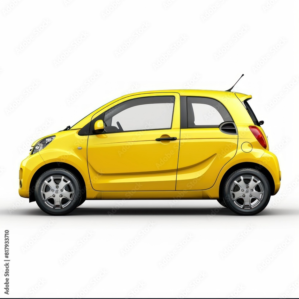 A yellow car with black trim is parked on a white background