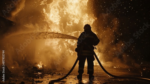 Firefighter Using a Hose: At the site of a fire, a firefighter operates a high-pressure hose, directing a powerful stream of water to extinguish the blaze