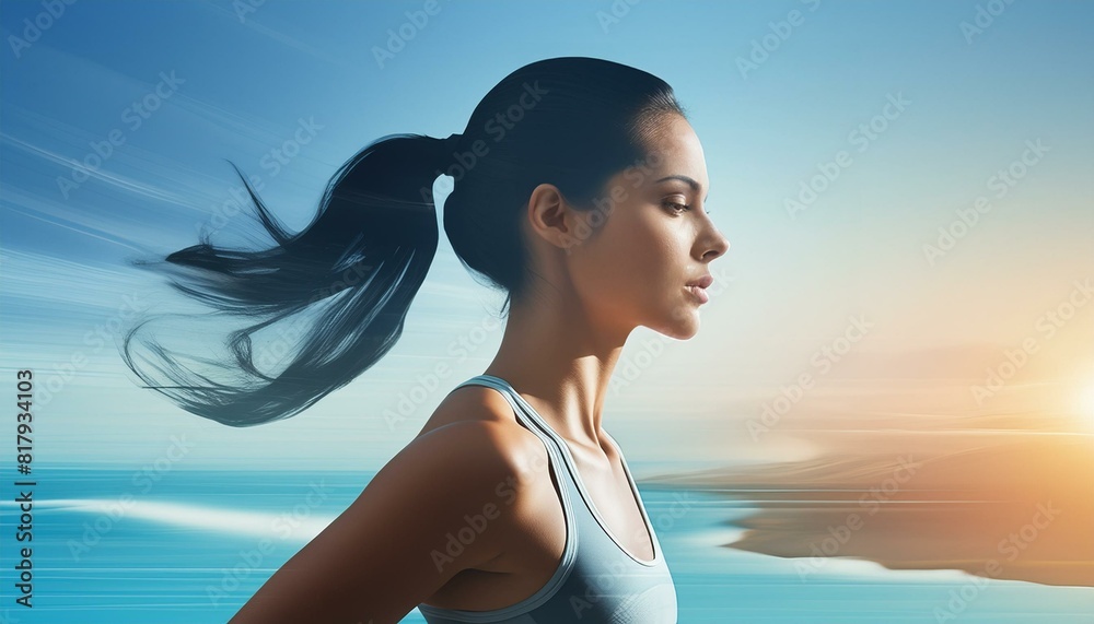 Fototapeta premium Silhouette of a runner in motion, with an overlay of a sunset beach scene.
