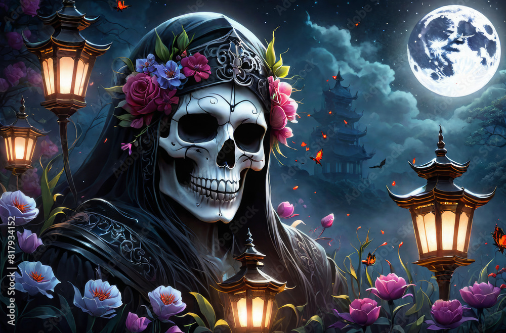 A gloomy night with a big moon, a skull and flowers. A gloomy night with a big moon, a skull and flowers.