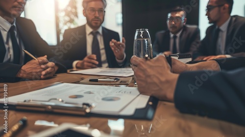 Lawyer in a Business Meeting: At a corporate meeting, a lawyer advises business leaders on legal matters, ensuring that all contracts and agreements are in compliance with the law photo