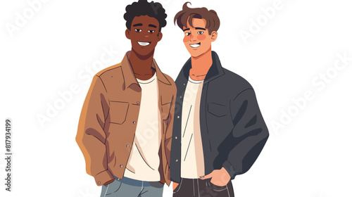 Pair of young men dressed in stylish clothing smiling