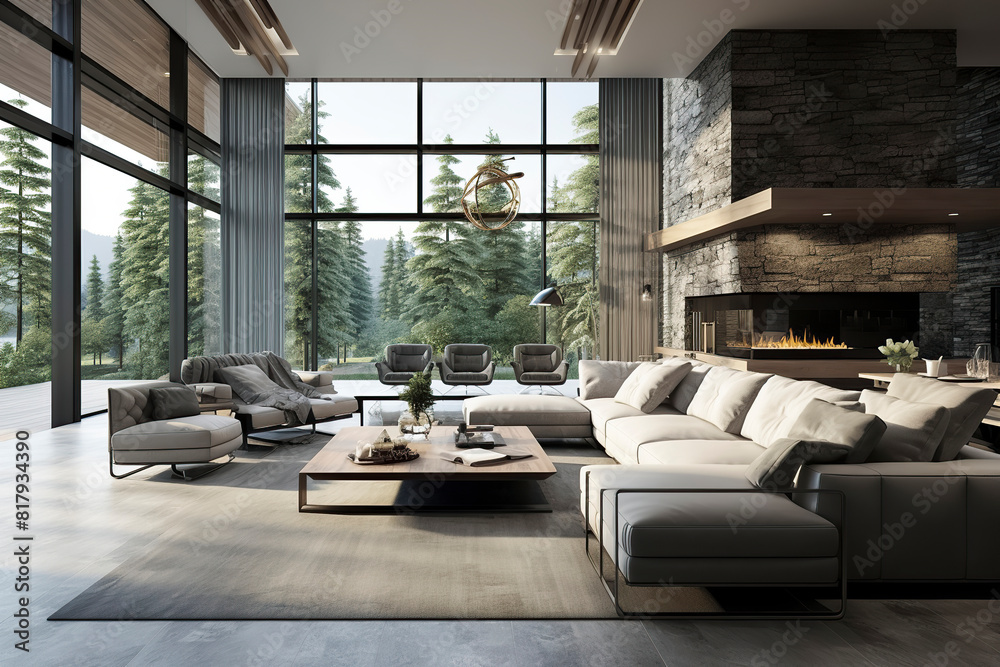Modern, luxurious living room, large windows, forest view, elegant furniture, cozy fireplace, artistic lighting, spacious, contemporary design