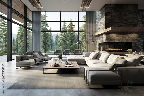 Modern  luxurious living room  large windows  forest view  elegant furniture  cozy fireplace  artistic lighting  spacious  contemporary design