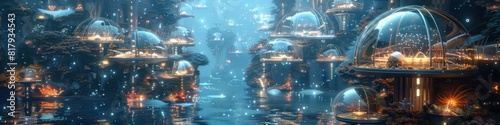Futuristic Underwater City of Glass Domes Housing Vibrant Marine Life and Glowing Lights photo