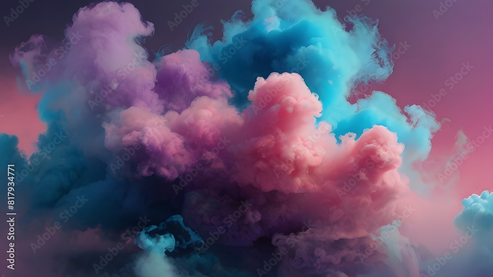 Colorful smoke cloud background using vibrant hues like blue, purple, and pink, blending together in wispy, ethereal clouds