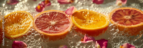 Vibrant Orange and Grapefruit Slices in Sparkling Water with Petal Accents
