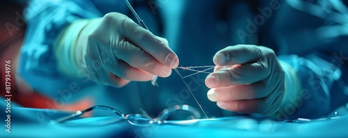 A close-up of a surgeon performing a minimally invasive procedure using a robotic arm with surgical tools photo