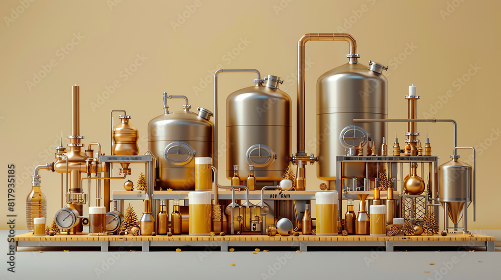 3D cartoon of a golden brewery. Generative ai.