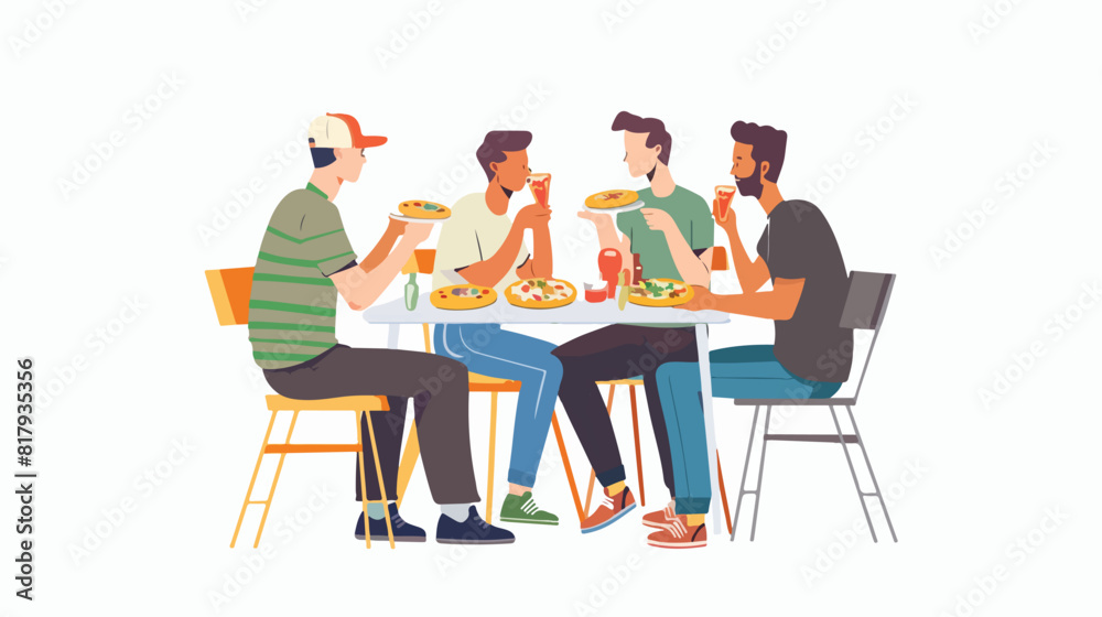People eating pizza at table. Men friends having meal