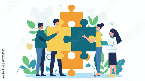 People holding jigsaw puzzle flat vector illustration