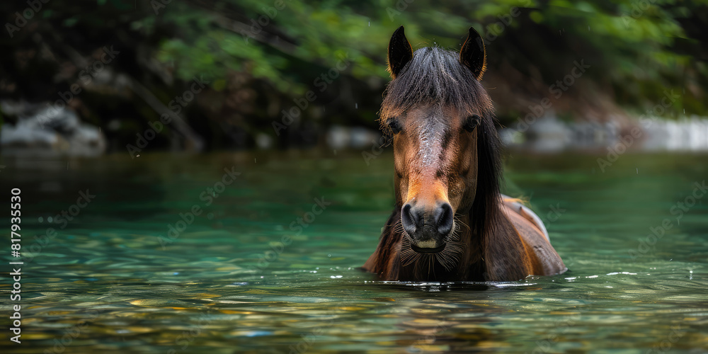 Φωτογραφία A beautiful wild horse swimming in clear water in a river in the summer