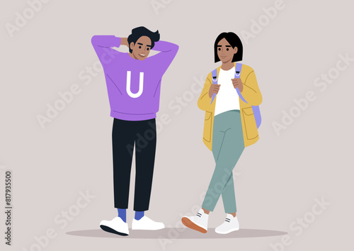 Two friends casually stroll together, one with a backpack and the other with hands behind their head, enjoying a relaxed conversation