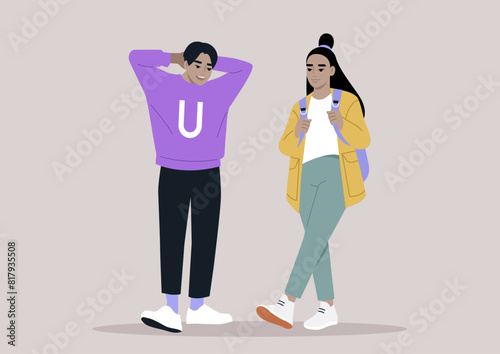 Two friends casually stroll together, one with a backpack and the other with hands behind their head, enjoying a relaxed conversation