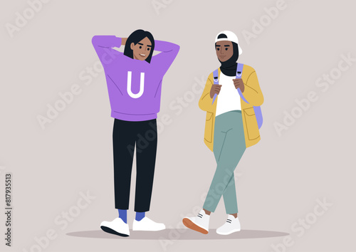 Two friends casually stroll together, one with a backpack and the other with hands behind their head, enjoying a relaxed conversation