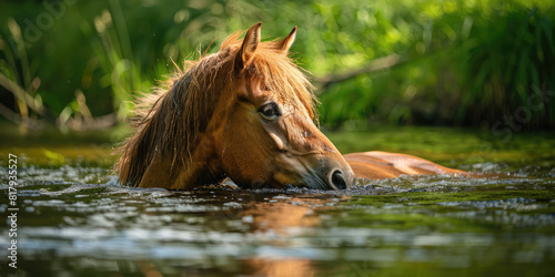 A beautiful wild horse swimming in clear water in a river in the summer. Nature relax wallpaper.
