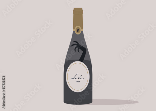 Danger of Alcoholic addiction, A sophisticated wine bottle with a monster hand inside, set against a minimalist background, The label indicates a vintage from 1964