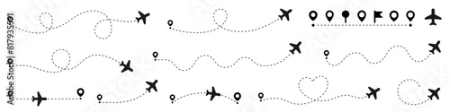 Airplane line path set. Aircraft route point. Plane, airplane, aeroplane, flight, airline - stock vector.