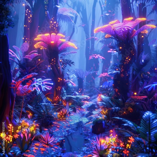 Neon Nirvana A Vibrant D Rendered Psychedelic Forest of Luminescent Trees and Whimsical Creatures photo