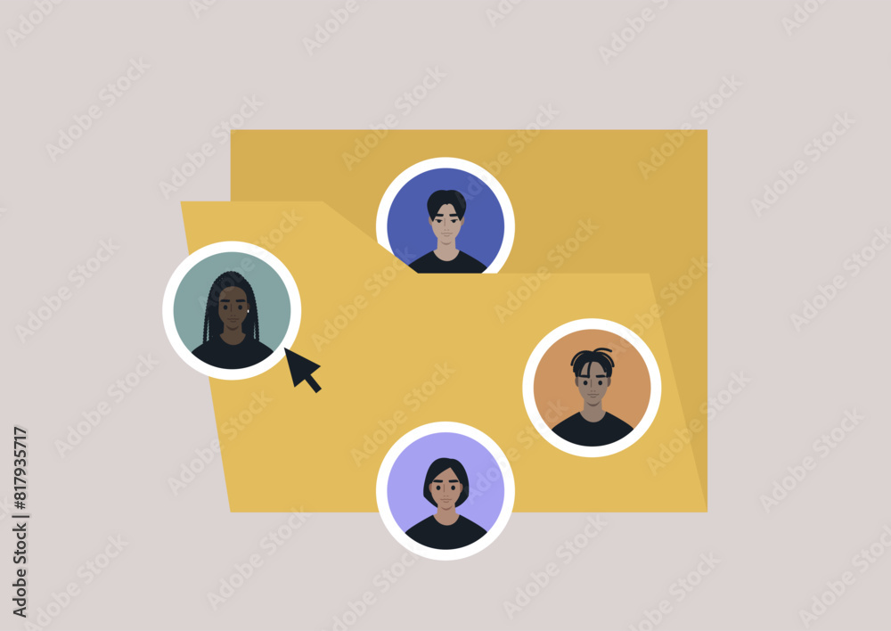 A digital illustration featuring diverse avatars organized within and around a yellow folder, with a mouse cursor pointing to one, on a minimalistic pale background