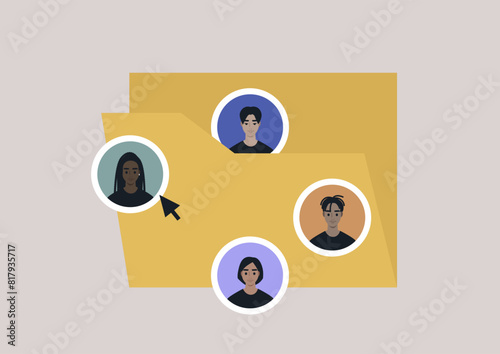 A digital illustration featuring diverse avatars organized within and around a yellow folder, with a mouse cursor pointing to one, on a minimalistic pale background