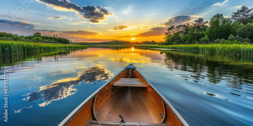 Relaxing canoe view in water of beautiful lake, coast at sunset, nobody. Wooden boat on the calm fresh water of the lake. Nature relax wallpaper. photo