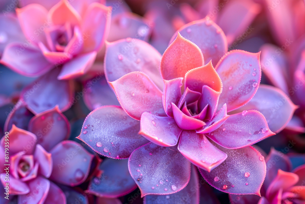Close Up of Vibrant Purple Succulents with Dewdrops   Nature's Exquisite Details