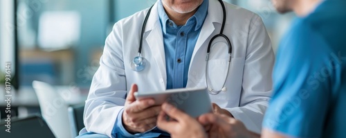 A doctor and patient in a consultation room, reviewing medical records and discussing treatment options on a tablet photo