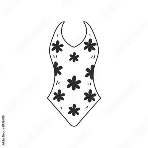 Woman swimsuit doodle vector illustration. Hand drawn female swimwear with flowers sketch. Isolated black line art. Summer beach accessory fashion clothing