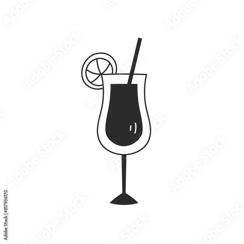 Cocktail in wineglass doodle icon. Alcohol juice drink beverage with citrus fruit piece. Outline bar symbol. Vector illustration. Isolated on white background
