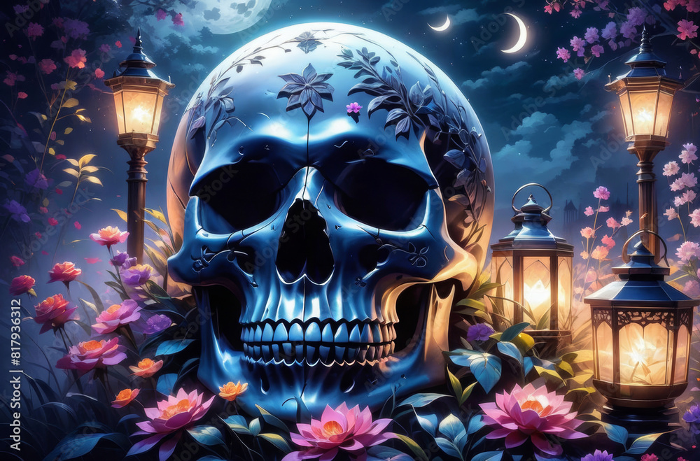 A gloomy night with a big moon, a skull and flowers. A gloomy night with a big moon, a skull and flowers.