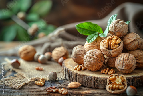  Rustic Wooden Table Display of Shelled and Unshelled Walnuts with Fresh Green Leaves
