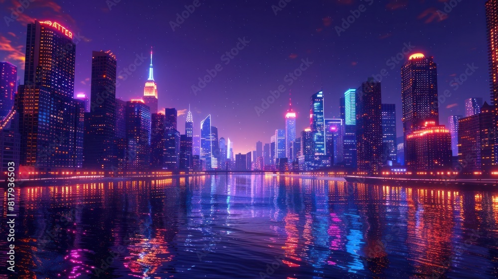 Vibrant Nighttime Urban Skyline A Radiant Illumination of Modern Architecture and Bustling Activity