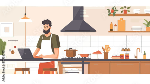 Person cooking food at home watching culinary courses photo