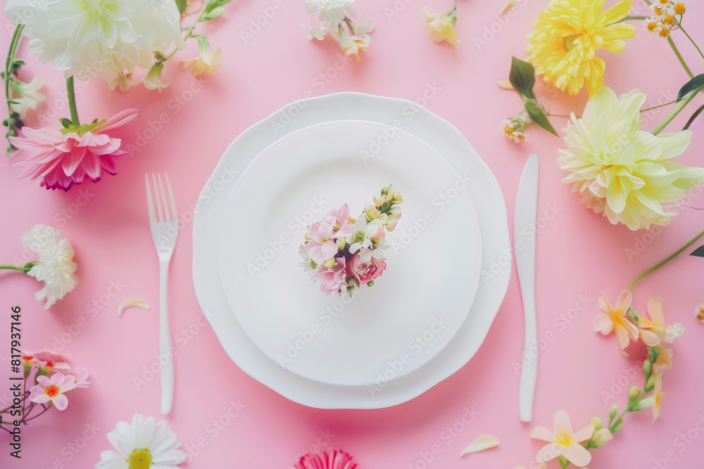 Elegant Floral Table Setting with White Plate and Cutlery Surrounded by Colorful Flowers on Pink Background Elegant Floral Table Setting with White Plate and Cutlery Surrounded by Colorful Flowers on Pink Background