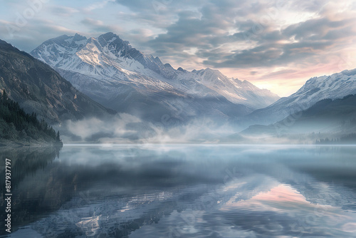 Misty Morning Reflections on a Calm Lake Surrounded by Snow-Capped Mountains and Pine Forests