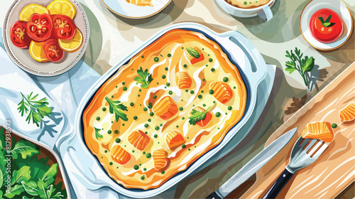 Plate and baking dish with tasty English fish pie on