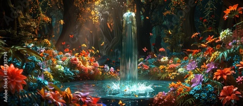 Enchanted Garden of Magical Flowers and Crystal Fountain with Fairies in a Whimsical D Render