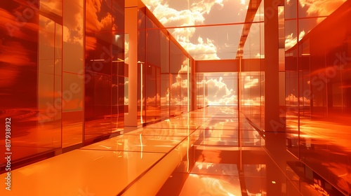 Digital technology orange glass futuristic corridor poster background