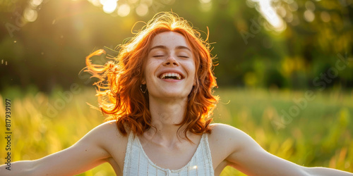 Joyful Young Woman Enjoying Sunshine in Nature with Arms Outspread photo