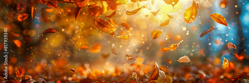 Autumn Leaves Falling in Sunlit Forest with Golden Bokeh Background photo