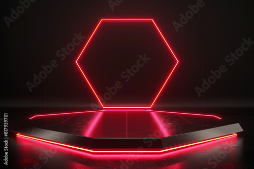 3D rendering of a red glowing neon light triangle on a black background with a floor reflection.